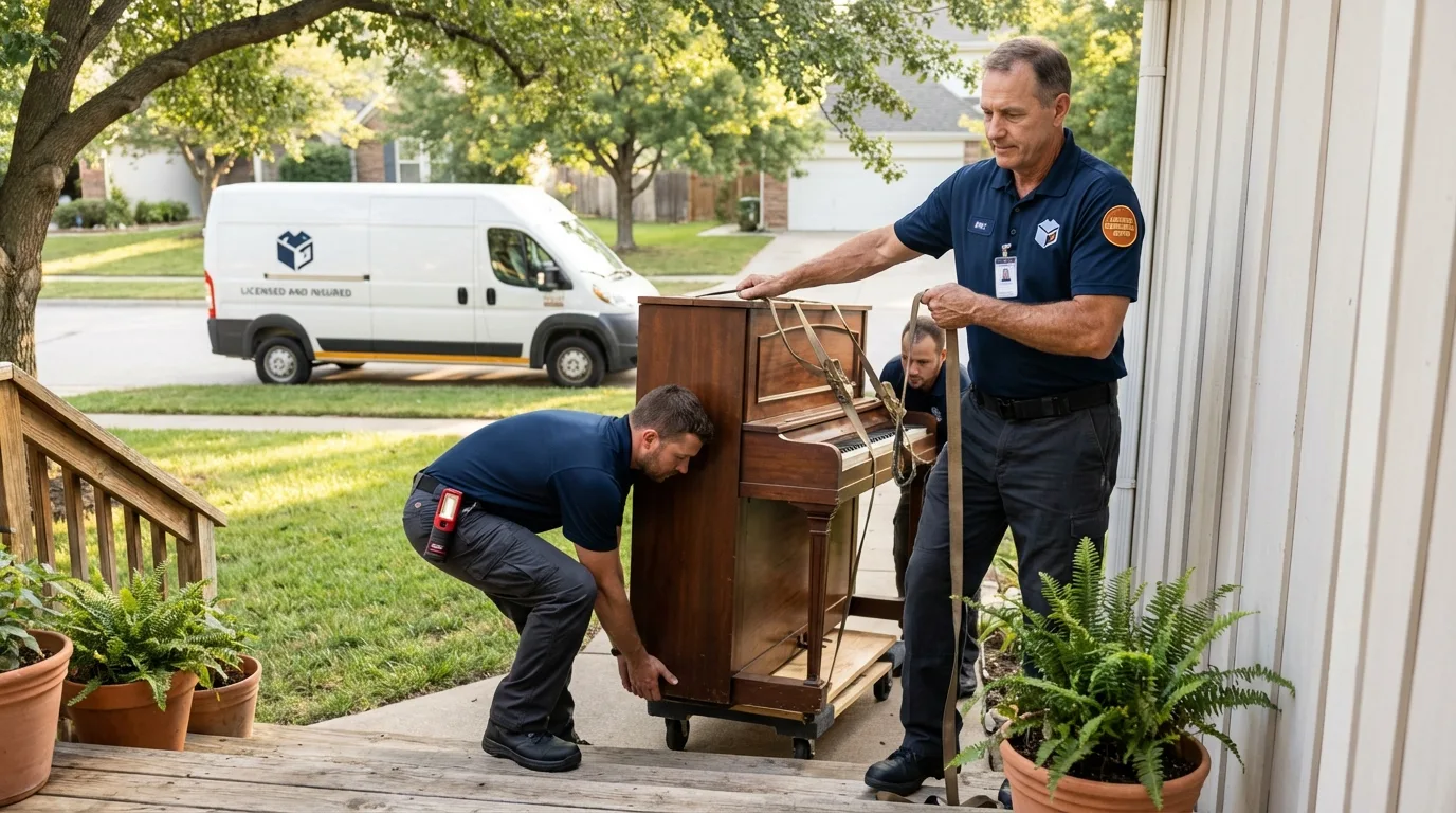 Licensed piano movers securing grand piano in New Market, VA