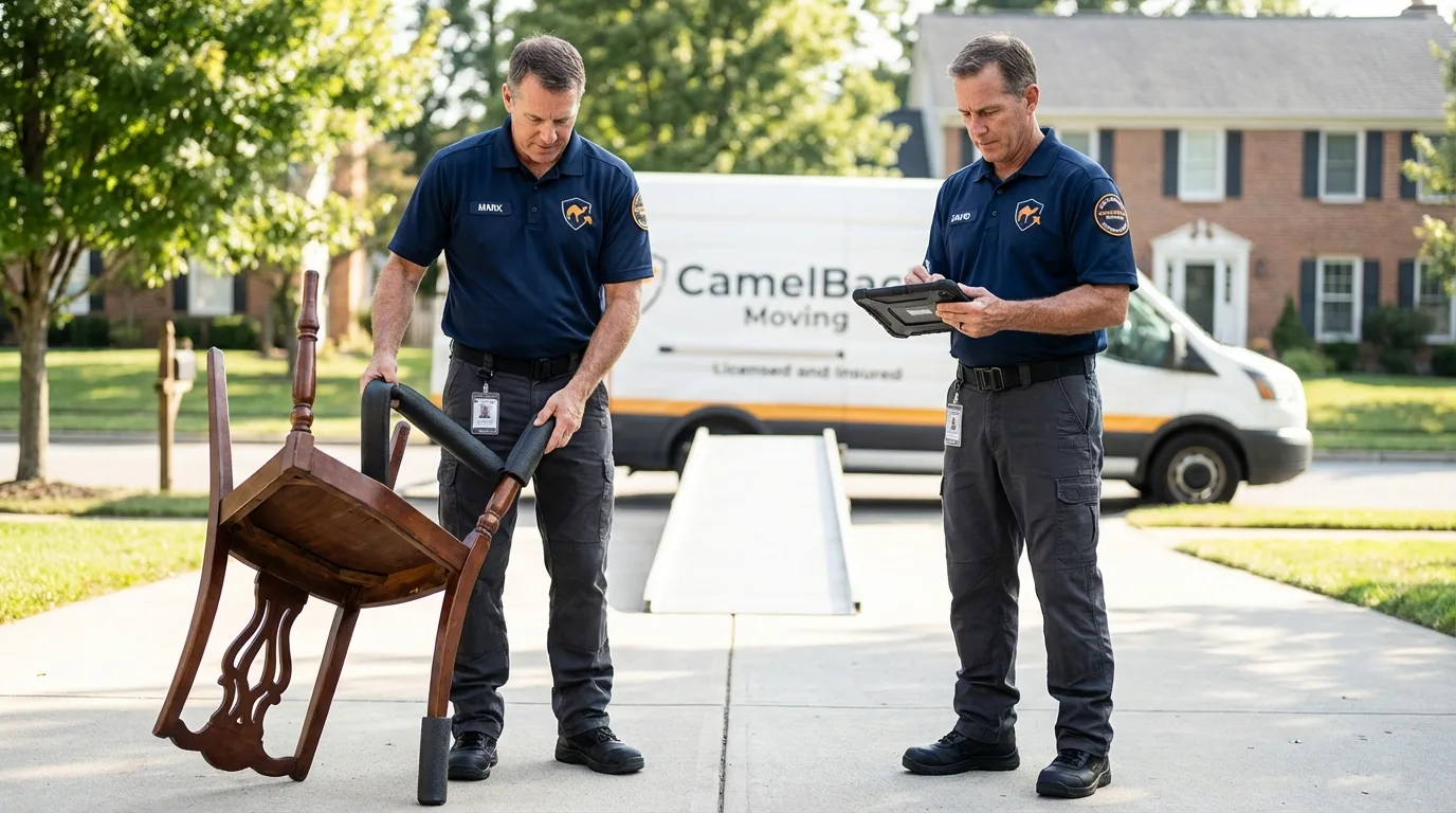 Movers inspecting furniture for damage prevention before loading in New Market, VA