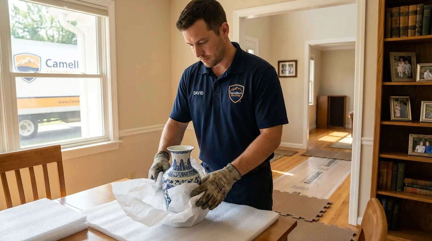 Professional crew carefully wrapping antique vase for senior downsizing move in New Market, VA
